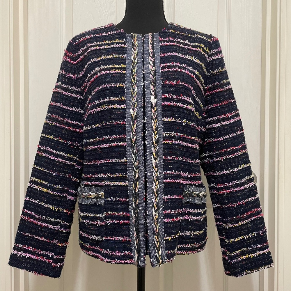 Talbots Petites Striped Tweed Blazer‎ Jacket Navy Blue Pink Lined Career 16 P